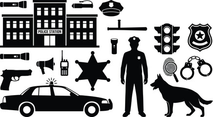 Police law enforcement silhouette icon set illustration with officer, station, patrol car, weapons and equipment, black and white security vector design © Ariful