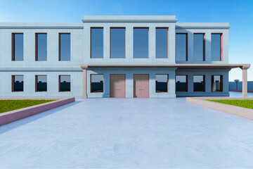Naklejka premium Modern two-story building with large windows, flat roof, and symmetrical facade in pastel tones on a clear day in urban courtyard. 3D Rendering
