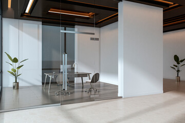 Modern office room mockup with glass walls, minimal furniture, white walls, and indoor plants in a...