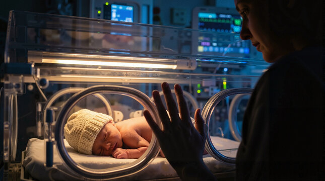 Newborn baby sleeping in medical incubator while mother watches in neonatal intensive care unit. Infant in neonatal unit