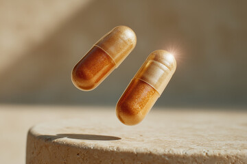 Healthy golden vitamin omega 3 oil capsules on beige stone background. Dietary supplements and health benefits.