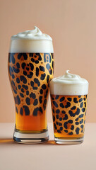 Leopard print beer glasses with frothy tops on pastel background
