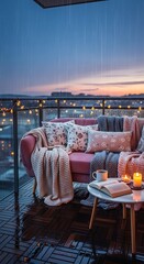 Cozy outdoor seating area is illuminated by string lights during a gentle evening rainfall