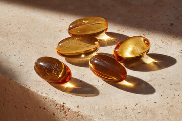 Healthy golden vitamin omega 3 oil capsules on beige stone background. Dietary supplements and health benefits.