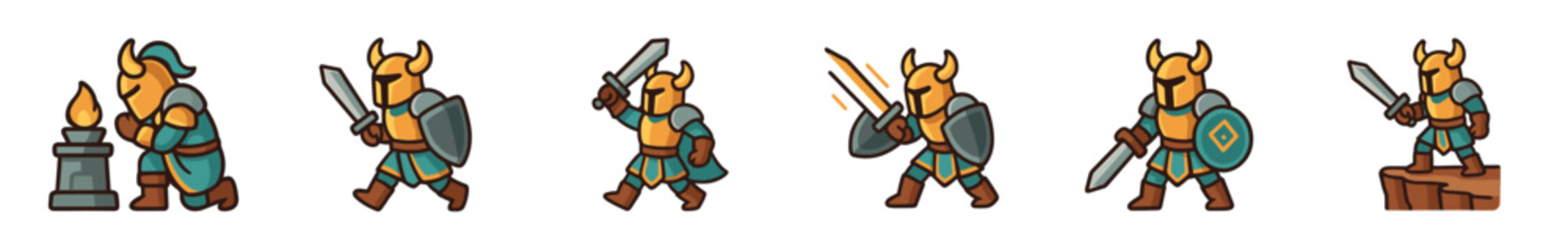 Cartoon knight character sprite sheet set showing various animation frames for a 2D video game, including walking, attacking, defending, and idle poses for a fantasy warrior