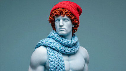Classical statue styled in modern winter fashion wearing red beanie and chunky knitted scarf surreal pop art blend of antiquity and street style humorous cold season aesthetic marble hipster look