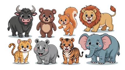 Obraz premium Eight adorable cartoon jungle animals including a friendly lion, tiger, elephant, and rhino characters