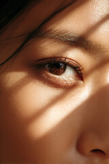 Close up detail perfect skin Asian diverse beauty woman brown eyes and perfect eyebrow makeup details. Cosmetic and skincare concept background.