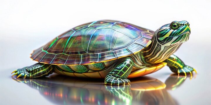 A vibrant iridescent turtle, meticulously detailed, showcases a striking shell pattern and captivating gaze, reflecting on a polished surface