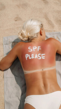 Sunburned back with bold SPF PLEASE sunscreen message on tanned skin summer beach awareness reminder combining humor skincare trend selfcare body positivity wellness safety aesthetic visual impact