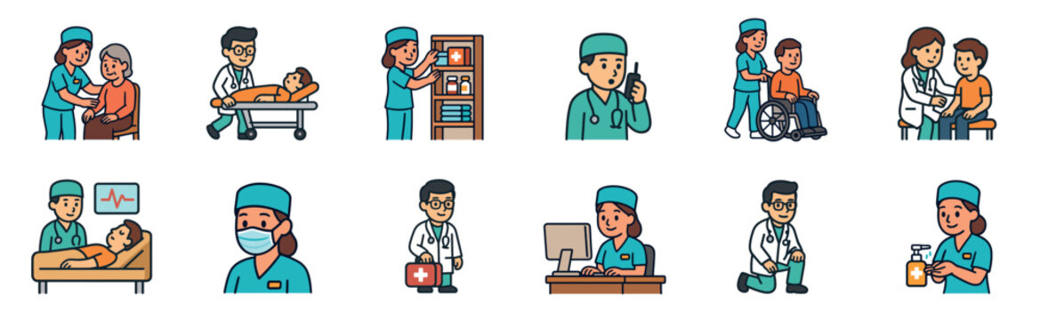 Set of medical and healthcare worker icons depicting doctors, nurses, and patients in various clinical situations like examinations, emergency care, and daily hospital routines