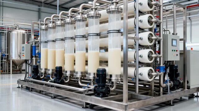 Medium shot of ultrafiltration modules processing starch slurry showcasing advanced membrane technology on clean factory skids for sustainable concentration methods.