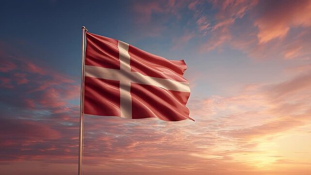 A Danish flag waving proudly against a colorful dusk sky