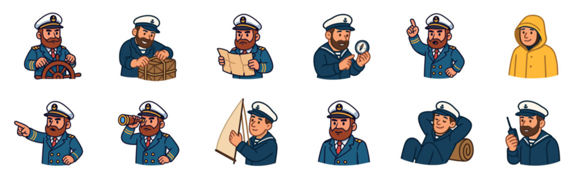 Collection of cartoon sailor and captain characters in various poses showing maritime professions and activities, including steering a ship, navigating with a map, and using a compass