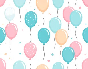 Pattern of floating pastel balloons of pink, peach, & blue, adorned with tiny stars, against a white backdrop