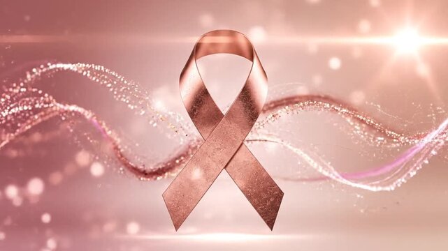 A pink ribbon with sparkling lines and lights on a pink background loop for cancer awareness animation.