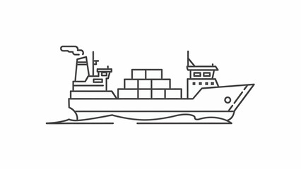 Naklejka premium A cargo ship sails across the ocean, carrying containers, viewed from the side in a simple line drawing style