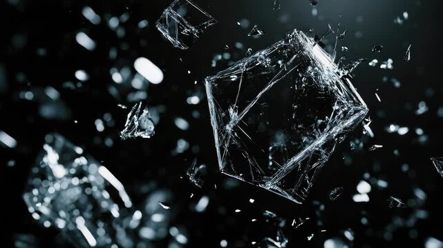Clear ice crystal fragments with sharp points against dark background.
