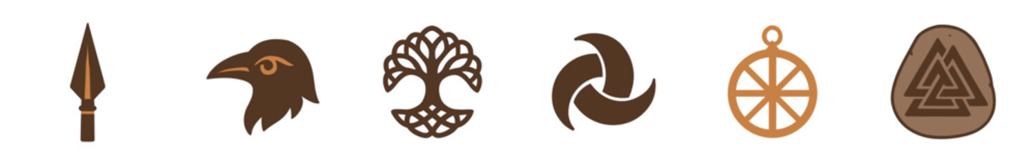 Collection of six ancient Norse symbols from pagan mythology, featuring a spearhead, raven, world tree, triskelion, sun wheel, and Valknut amulet in a flat illustration style © Khmel