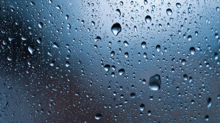 Abstract Image of Water Droplets on Glass Surface in Blue and Grey Hues with Backlight Creating a Moody and Reflective Atmosphere