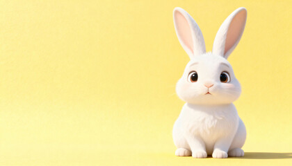 Fototapeta premium Cute white rabbit sitting on yellow background. Adorable fluffy bunny character for Easter holiday. Copy space for text