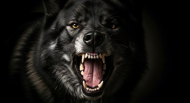 Furious Black Wolf Bares Teeth in Anger with Portrait Against a Dark Background.
