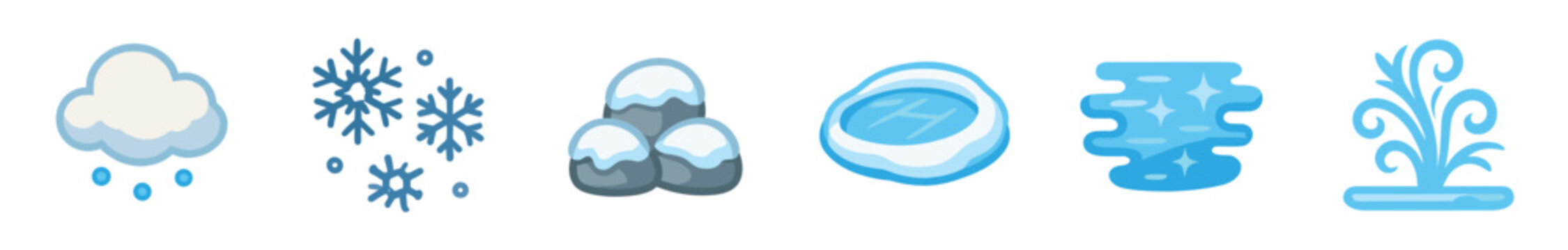 Set of six blue weather and water icons showing a rain cloud, snowflakes, snowy rocks, a frozen puddle, sparkling water, and a fountain in a flat cartoon vector style