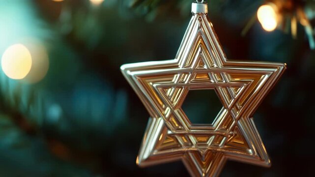 A gold Hanukkah star ornament hanging from a green Christmas tree decorated with lights.