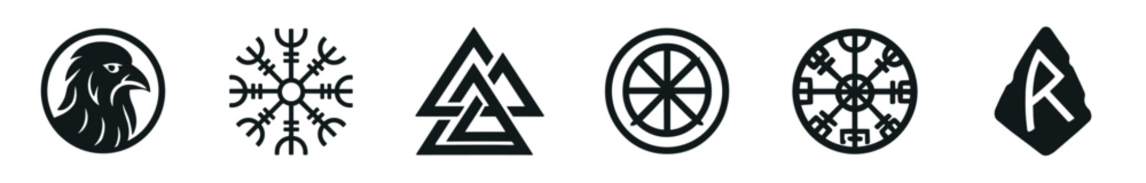 Collection of black Norse mythology pagan symbols featuring the Valknut knot, Vegvisir compass, Helm of Awe, a raven, a sun wheel, and a runic letter in a minimalist graphic icon set