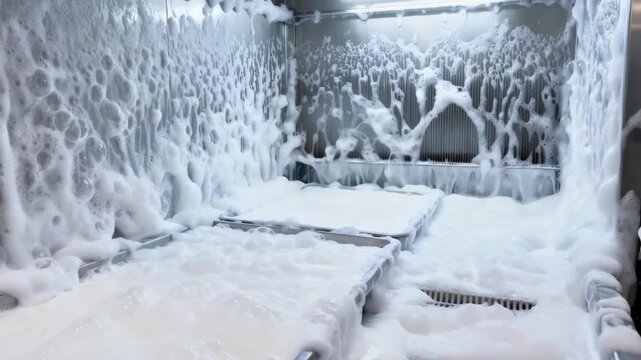 Medium shot of automated CIP system foaming cleaning dairy dryer chambers showing thick foam covering surfaces for thorough sanitation in food processing environment.