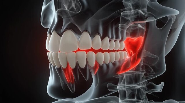 A side-view medical illustration of a human skull highlights inflamed molars and TMJ pain zones&mdash;depicting dental anatomy, oral discomfort, and diagnostic focus in a clinical visual context.
