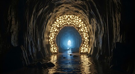 Illuminated otherworldly portal structure spans a dark underground waterway passage