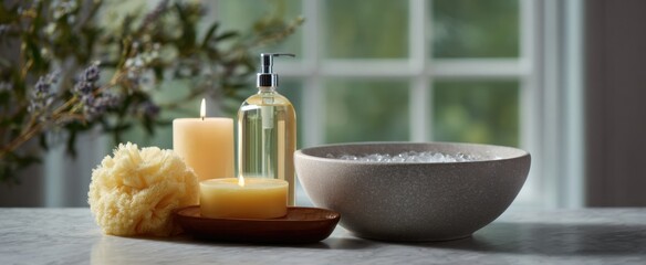 Experience tranquility in a luxurious home spa with calming bath essentials