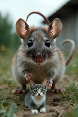 Giant Mouse Chasing a Tiny Cat.
Reversed Predator Roles Concept.
Surreal Scale Contrast Scene.