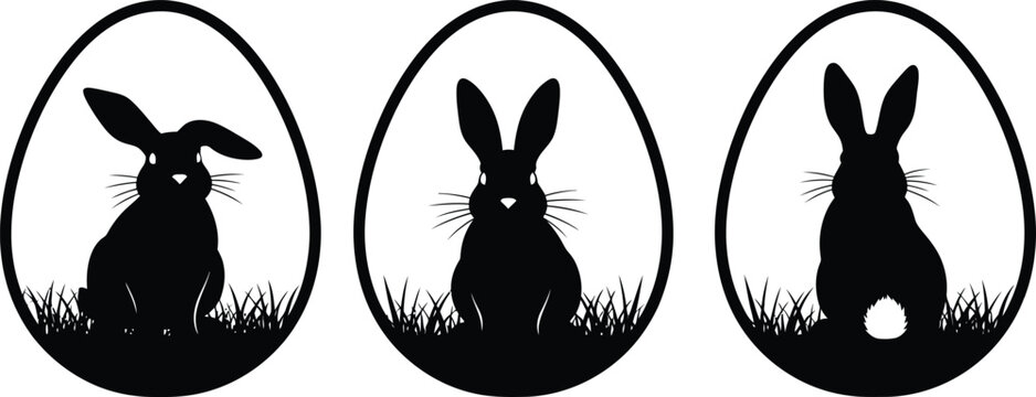 Three easter bunny silhouettes in egg shapes