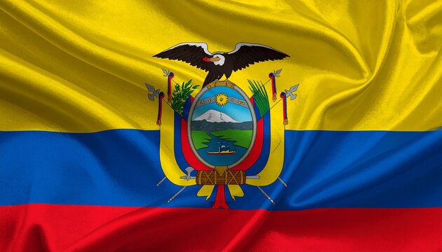Ecuador national flag with yellow, blue, red bands and coat of arms in center