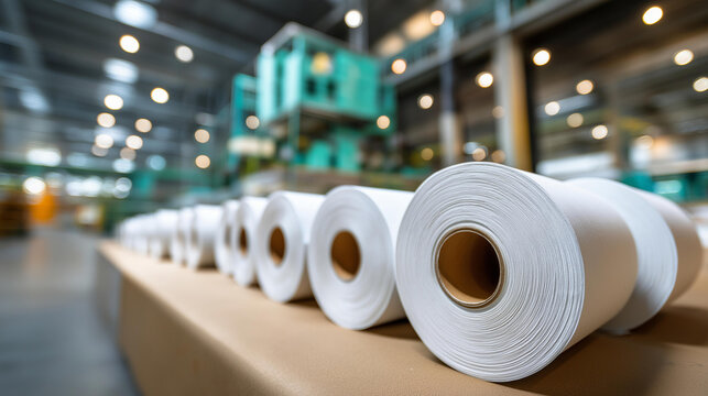 Rows of pristine white paper rolls awaiting processing in modern facility, industrial storage, production scale, manufacturing efficiency, paper industry, defocused warehouse perspective,