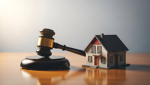 Legal gavel next to a model house symbolizing property law and real estate dispute