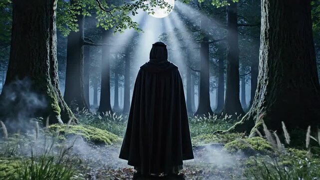 Mysterious cloaked figure walking through moonlit forest with fog and dappled light