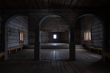 Fototapeta premium View inside of old Russian wooden church