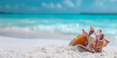 Washed up seashell lying on exotic tropical sandy beach against sea view landscape, summer holiday concept background.