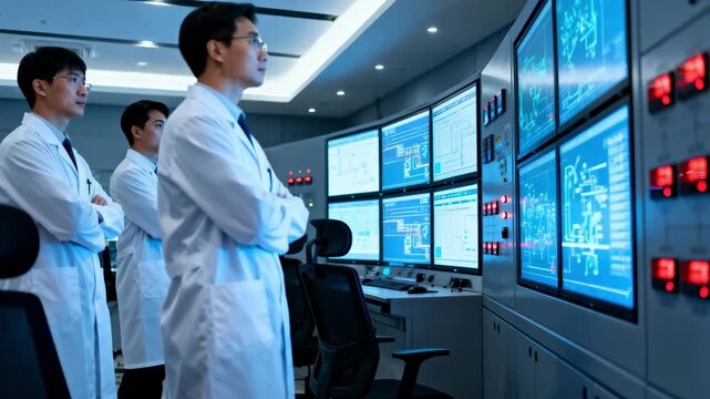 Medium shot of operators attentively monitoring digital SCADA displays in a modern process control room with active alarm indicators highlighting system alerts.