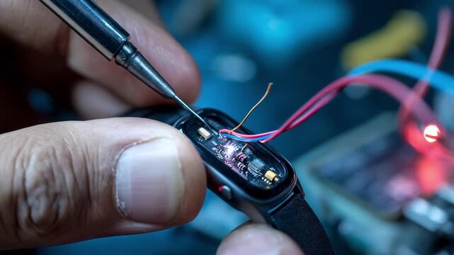 Closeup of repairing fitness tracker sensor highlighting detailed wiring and module adjustment under bright workshop lighting.