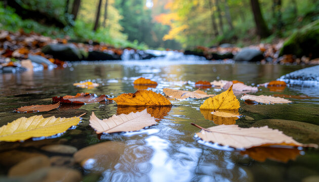 Many leaves float together in the quiet stream
