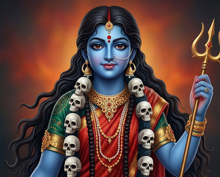 Illustration of blue skinned hindu goddess kali holding trident and wearing skull garland for traditional indian kali puja and diwali festival background