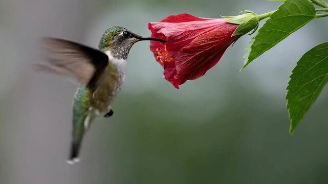 A hummingbird is hovering near a red hibiscus flower, with its beak inserted to feed. The image is taken close-up, highlighting the bird's iridescent feathers and the flower's details.