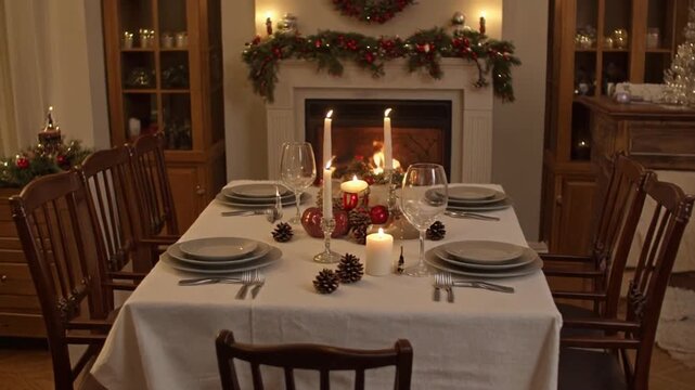 Christmas dinner table set in front of fireplace with candles and festive decor