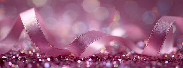 Soft focus pink ribbon, glitter, and bokeh create a celebratory and festive background, perfect for events and gifts