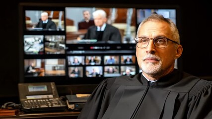 Medium shot of a judge presiding over a virtual courtroom with multiple participants on digital screens showcasing modern legal technology in action.
