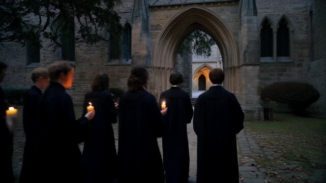 Monks in a procession with lit candles at dusk in a historic European monastery courtyard